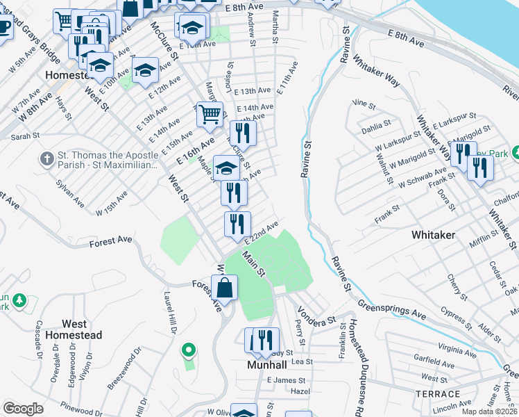 map of restaurants, bars, coffee shops, grocery stores, and more near 233 East 21st Avenue in Munhall