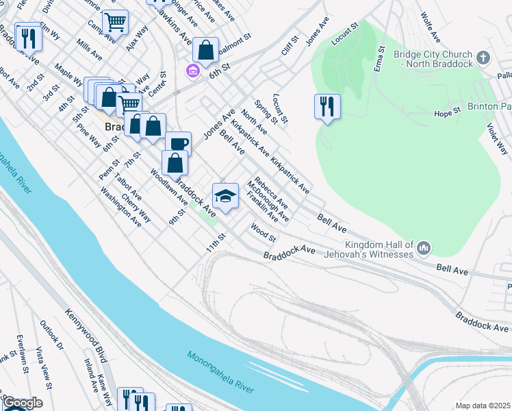 map of restaurants, bars, coffee shops, grocery stores, and more near 1138 Franklin Avenue in Braddock