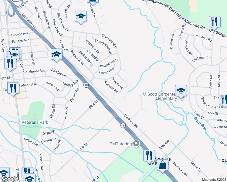 map of restaurants, bars, coffee shops, grocery stores, and more near 19 Huxley Drive in Old Bridge