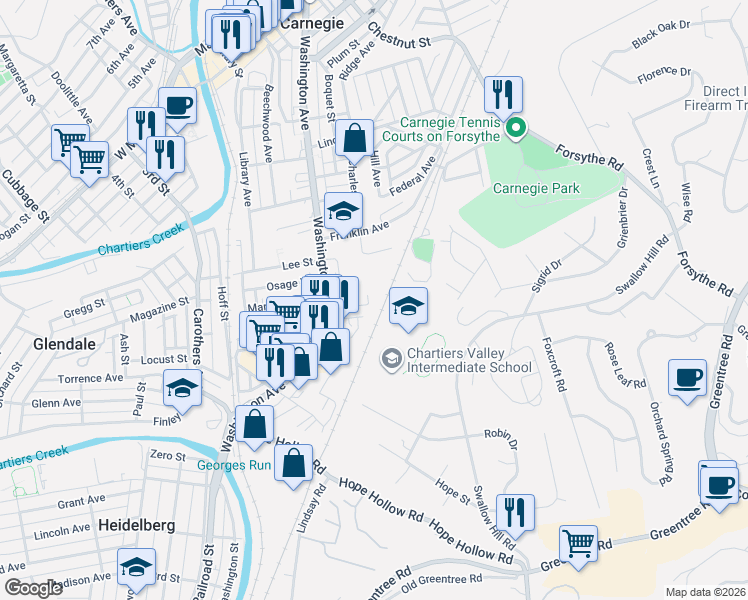 map of restaurants, bars, coffee shops, grocery stores, and more near 941 Charles Street in Carnegie