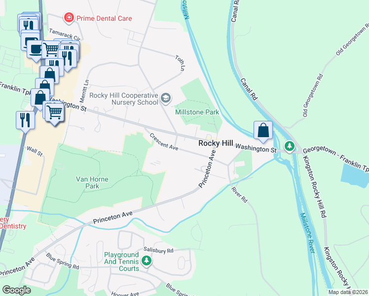 map of restaurants, bars, coffee shops, grocery stores, and more near 24 County Road 605 in Rocky Hill