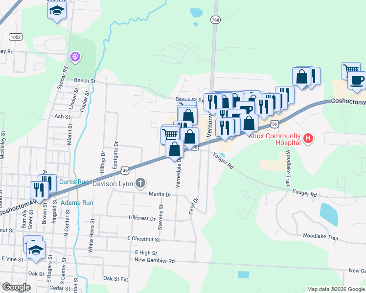 map of restaurants, bars, coffee shops, grocery stores, and more near 857 Coshocton Avenue in Mount Vernon