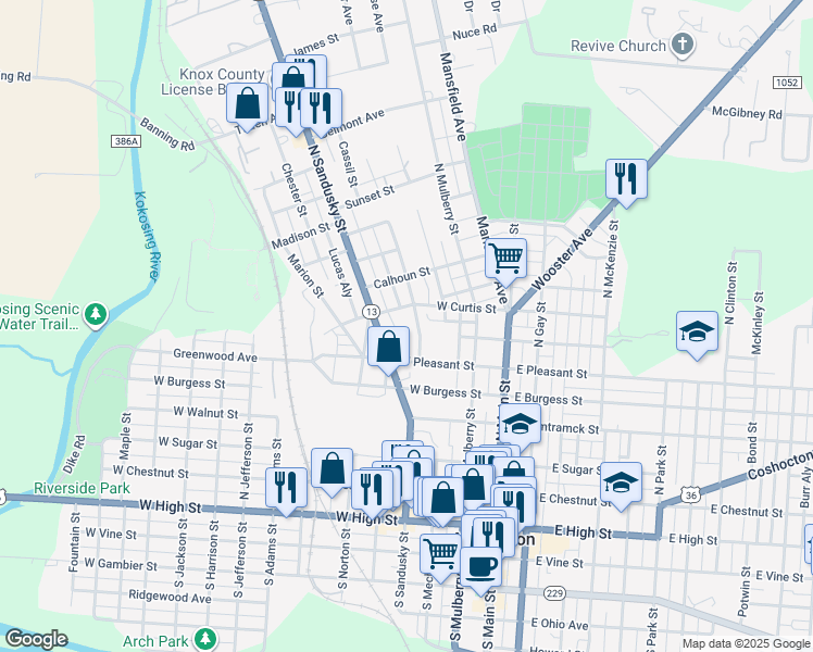 map of restaurants, bars, coffee shops, grocery stores, and more near 510 North Sandusky Street in Mount Vernon