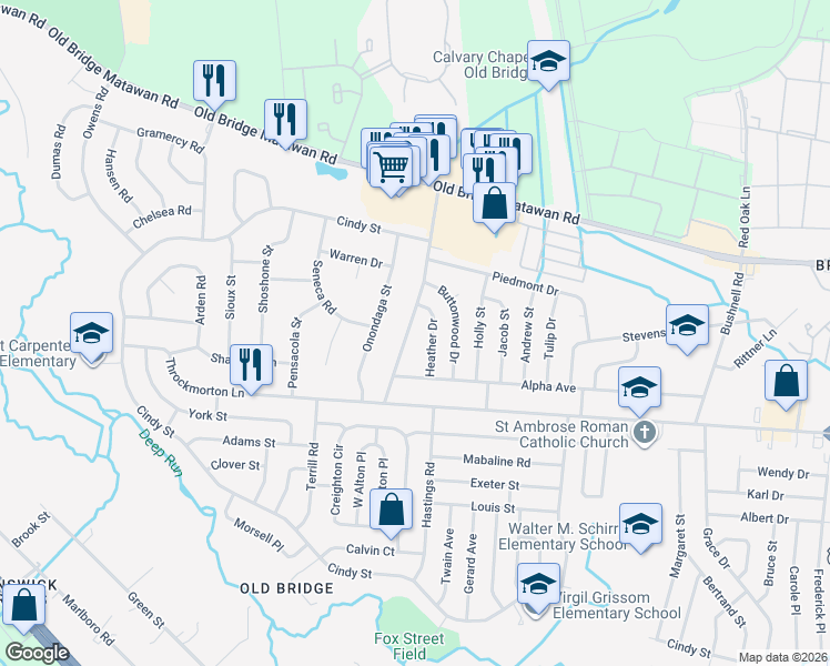 map of restaurants, bars, coffee shops, grocery stores, and more near 59 Gaub Road in Old Bridge