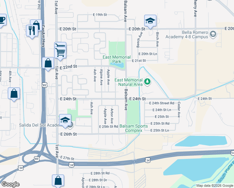 map of restaurants, bars, coffee shops, grocery stores, and more near 531 East 24th Street in Greeley