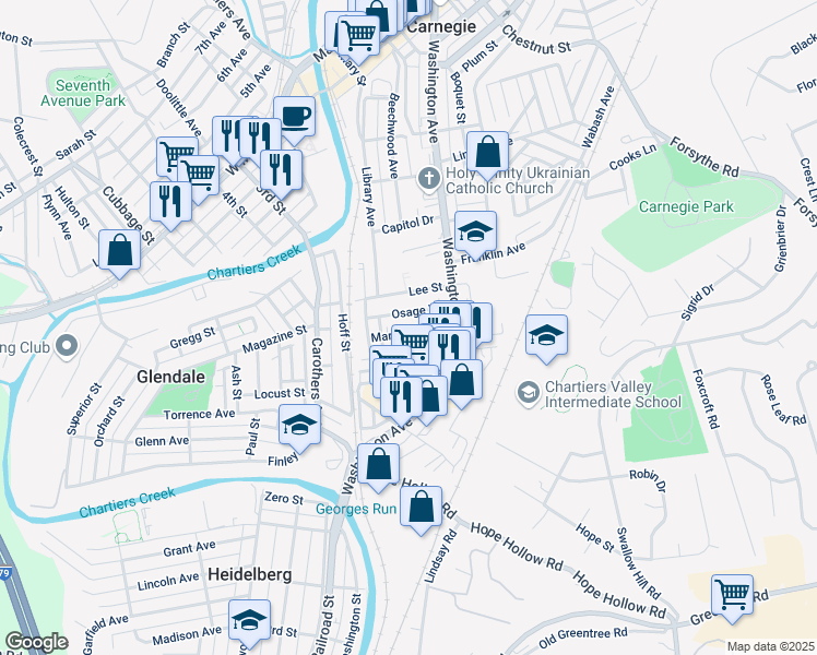 map of restaurants, bars, coffee shops, grocery stores, and more near 225 Marshall Avenue in Carnegie