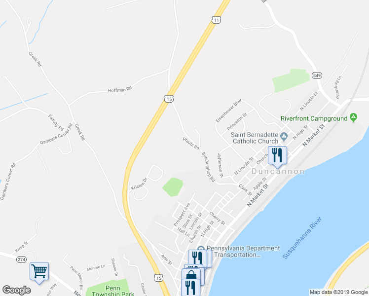 map of restaurants, bars, coffee shops, grocery stores, and more near 2 Pfautz Road in Duncannon