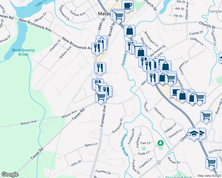 map of restaurants, bars, coffee shops, grocery stores, and more near 223 Sloan Court in Matawan