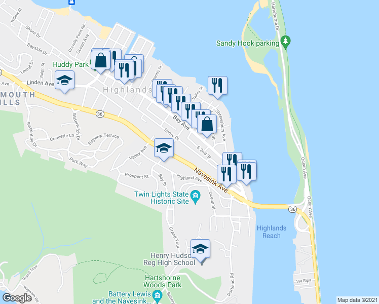 map of restaurants, bars, coffee shops, grocery stores, and more near 47 Shore Drive in Highlands