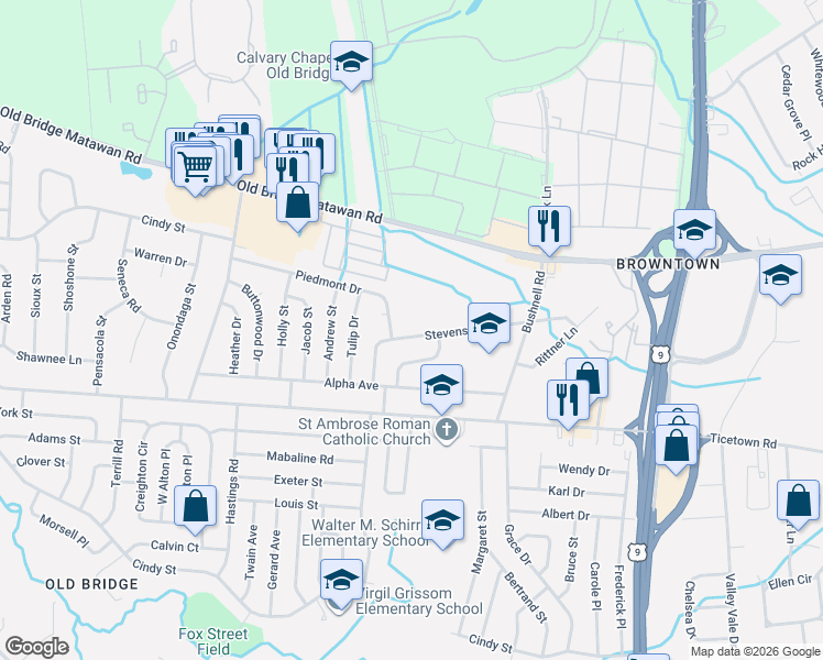 map of restaurants, bars, coffee shops, grocery stores, and more near 54 Stevens Avenue in Old Bridge