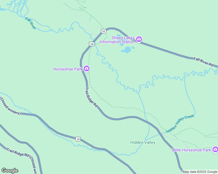 map of restaurants, bars, coffee shops, grocery stores, and more near Lawn Lake Trail in Estes Park