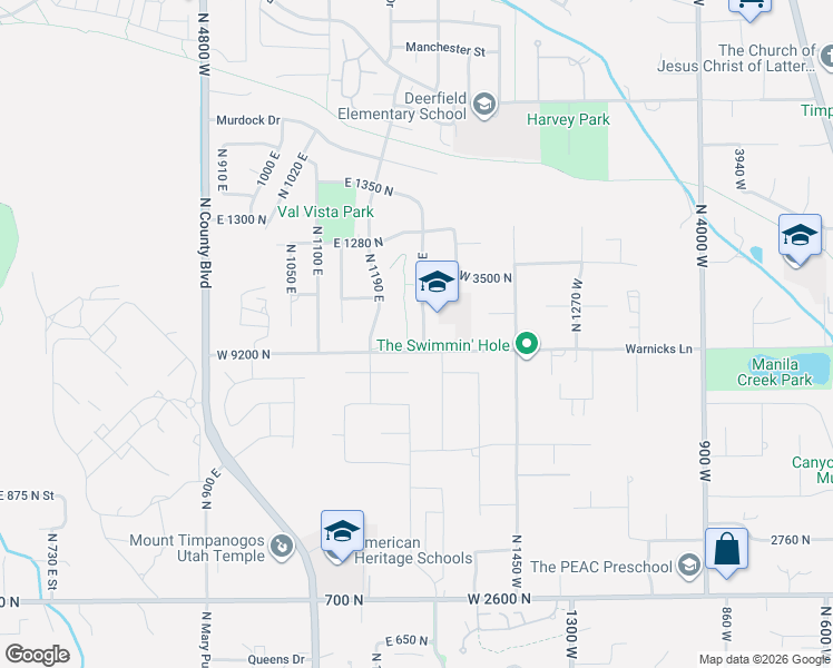 map of restaurants, bars, coffee shops, grocery stores, and more near 1103 North 1270 East in American Fork