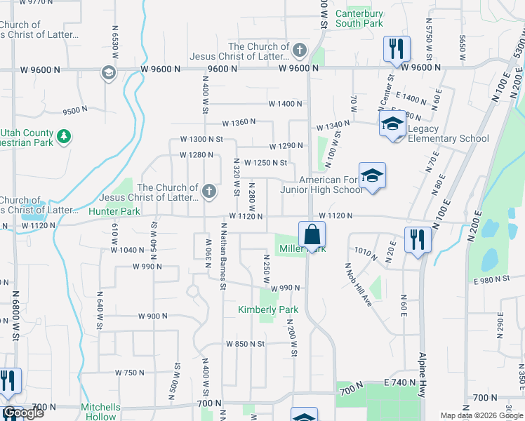 map of restaurants, bars, coffee shops, grocery stores, and more near 1137 North 250 West in American Fork
