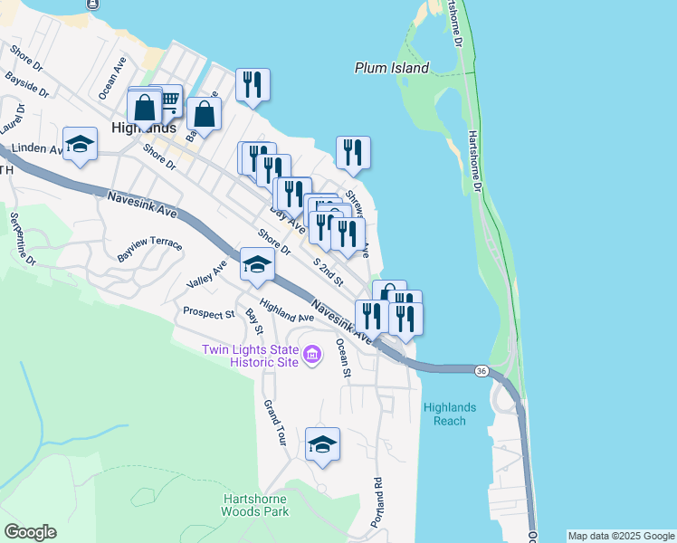 map of restaurants, bars, coffee shops, grocery stores, and more near 85 Bay Avenue in Highlands