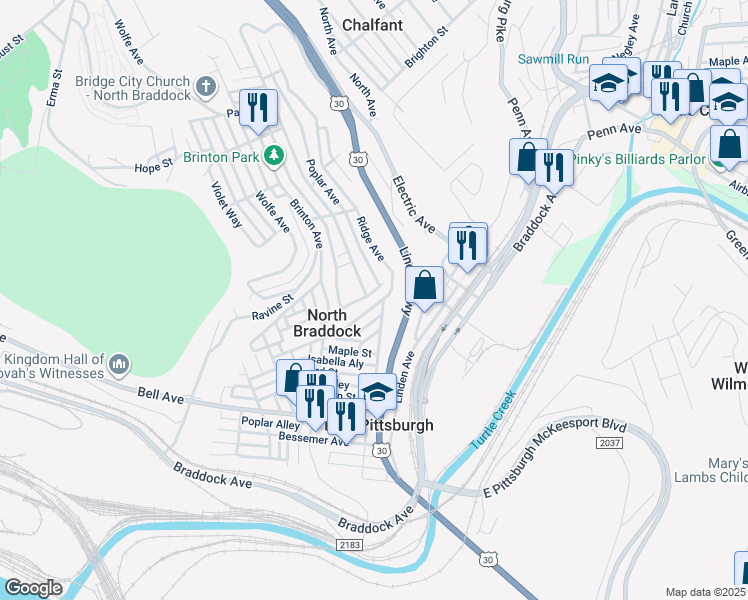 map of restaurants, bars, coffee shops, grocery stores, and more near 553 Ridge Avenue in East Pittsburgh