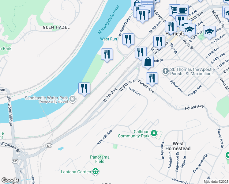 map of restaurants, bars, coffee shops, grocery stores, and more near 550 West 7th Avenue in West Homestead