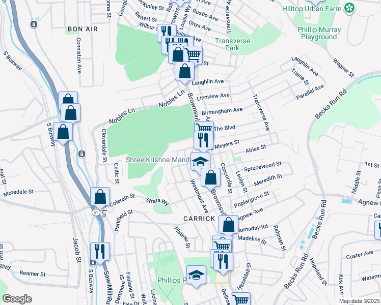 map of restaurants, bars, coffee shops, grocery stores, and more near 1612 Westmont Avenue in Pittsburgh