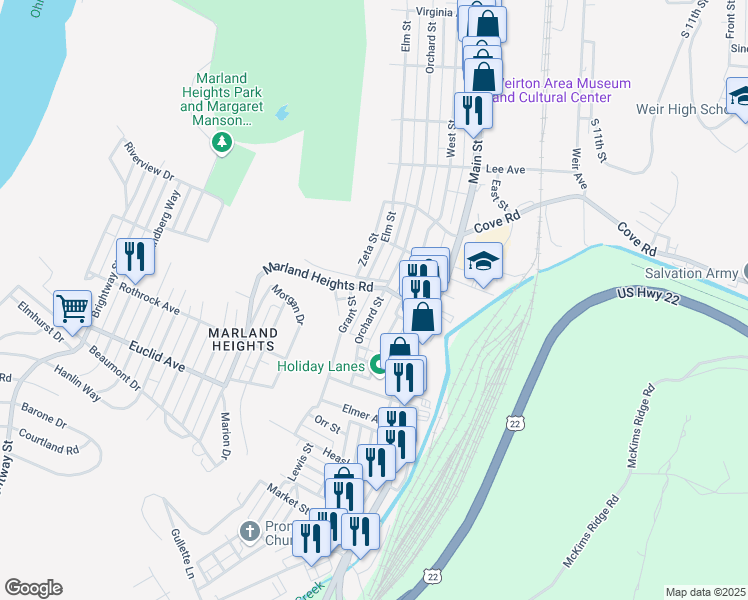 map of restaurants, bars, coffee shops, grocery stores, and more near 3625 Orchard Street in Weirton