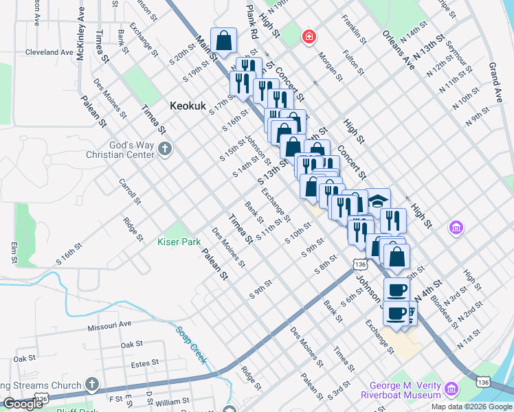 map of restaurants, bars, coffee shops, grocery stores, and more near 200-298 South 12th Street in Keokuk
