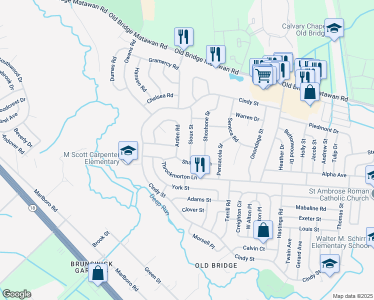 map of restaurants, bars, coffee shops, grocery stores, and more near 9 Sioux Street in Old Bridge