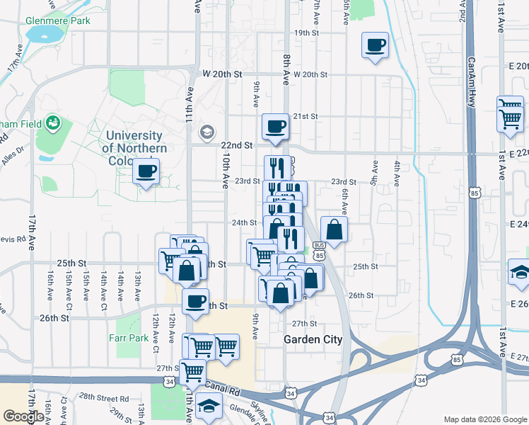 map of restaurants, bars, coffee shops, grocery stores, and more near 2344 9th Avenue in Greeley