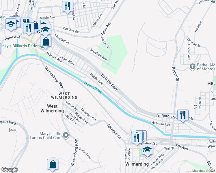 map of restaurants, bars, coffee shops, grocery stores, and more near 772 Airbrake Avenue in Wilmerding