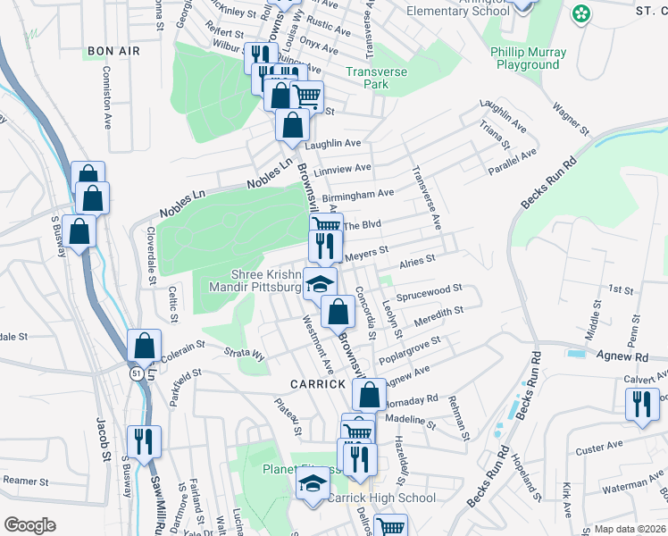 map of restaurants, bars, coffee shops, grocery stores, and more near 1607 Brownsville Road in Pittsburgh