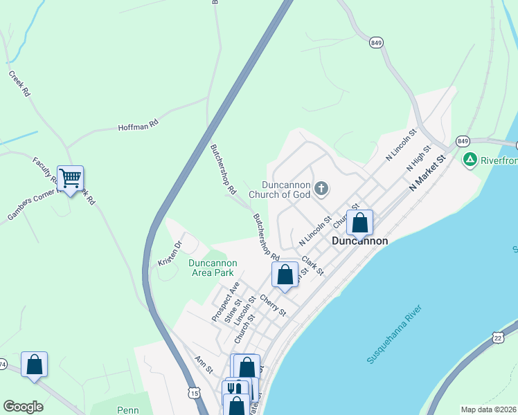 map of restaurants, bars, coffee shops, grocery stores, and more near 100 Butchershop Road in Duncannon
