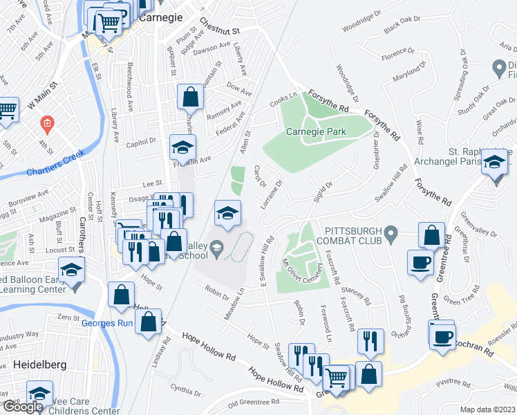 map of restaurants, bars, coffee shops, grocery stores, and more near 28 Lorraine Drive in Carnegie