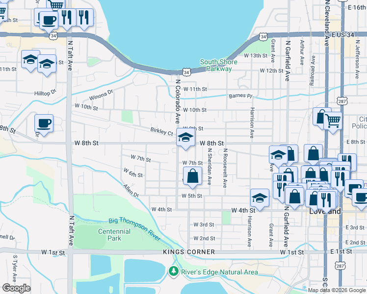 map of restaurants, bars, coffee shops, grocery stores, and more near 720 North Colorado Avenue in Loveland