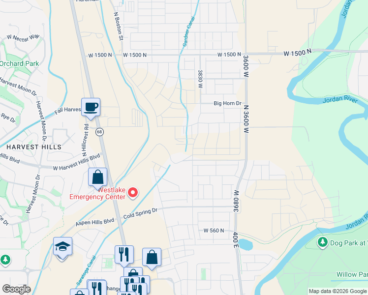 map of restaurants, bars, coffee shops, grocery stores, and more near West 1000 South in Lehi
