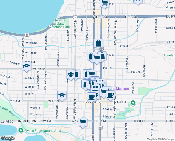 map of restaurants, bars, coffee shops, grocery stores, and more near 138 East 8th Street in Loveland