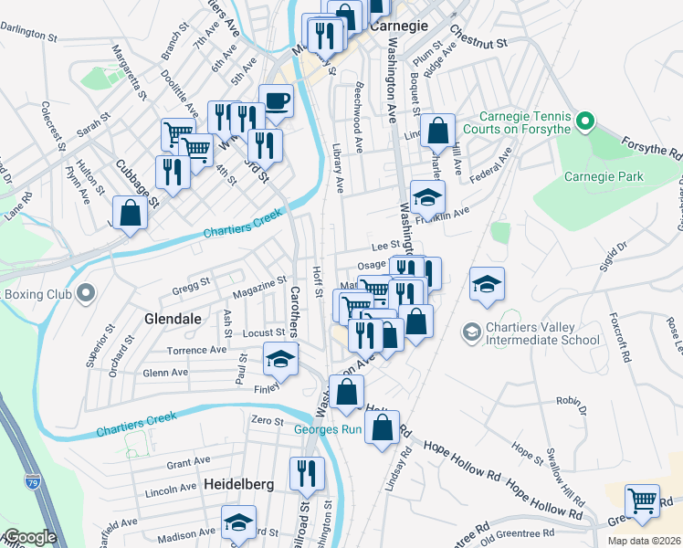 map of restaurants, bars, coffee shops, grocery stores, and more near 924 Kennedy Street in Carnegie