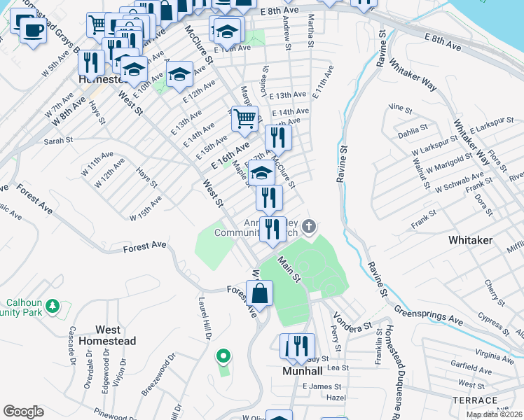 map of restaurants, bars, coffee shops, grocery stores, and more near 150 East 20th Avenue in Munhall