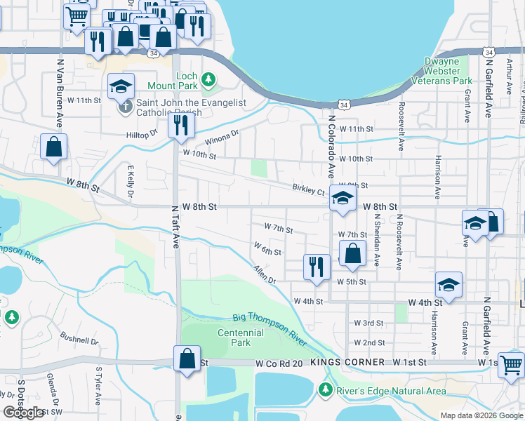 map of restaurants, bars, coffee shops, grocery stores, and more near 1109 West 7th Street in Loveland