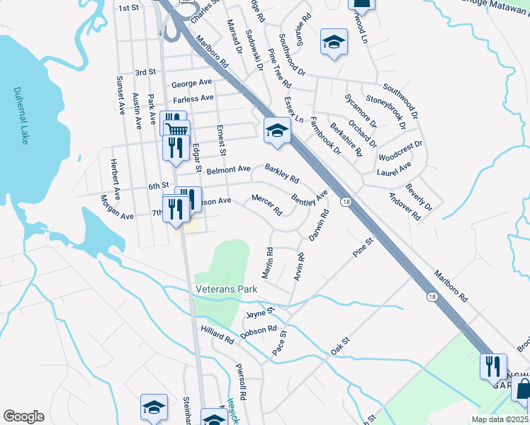 map of restaurants, bars, coffee shops, grocery stores, and more near 90 Madison Avenue in Old Bridge