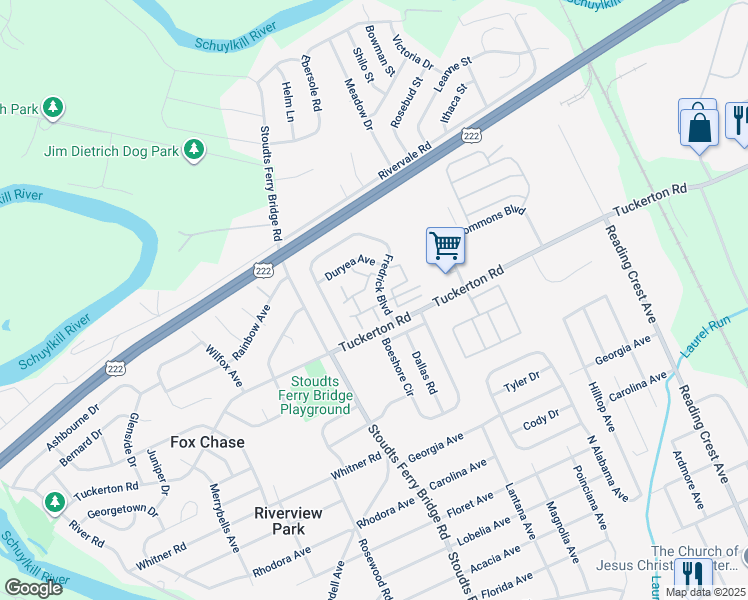 map of restaurants, bars, coffee shops, grocery stores, and more near 1102 Fredrick Boulevard in Reading