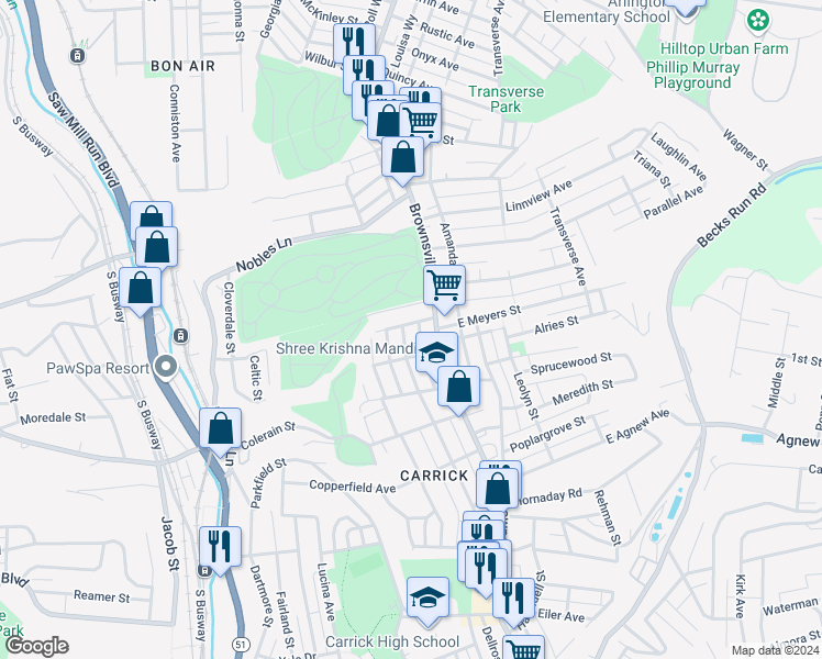 map of restaurants, bars, coffee shops, grocery stores, and more near 1612 Westmont Avenue in Pittsburgh