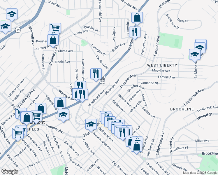 map of restaurants, bars, coffee shops, grocery stores, and more near 2427 Plainview Avenue in Pittsburgh