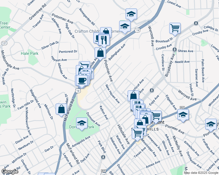 map of restaurants, bars, coffee shops, grocery stores, and more near 1717 New Haven Avenue in Pittsburgh