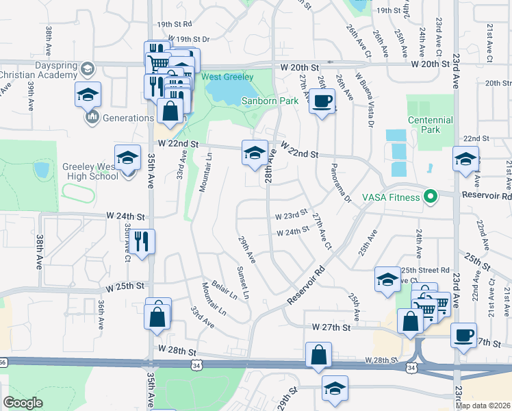 map of restaurants, bars, coffee shops, grocery stores, and more near 2823 West 23rd Street in Greeley