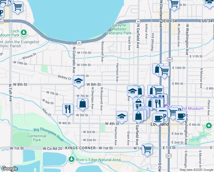 map of restaurants, bars, coffee shops, grocery stores, and more near 458 West 8th Street in Loveland