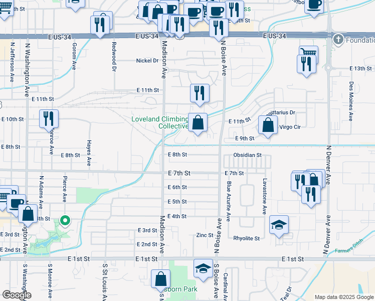 map of restaurants, bars, coffee shops, grocery stores, and more near 1417 East 8th Street in Loveland