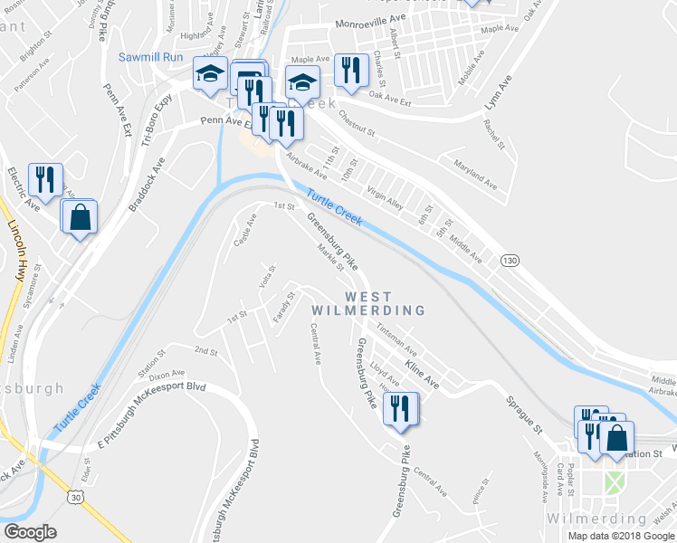 map of restaurants, bars, coffee shops, grocery stores, and more near 436 Tintsman Avenue in North Versailles