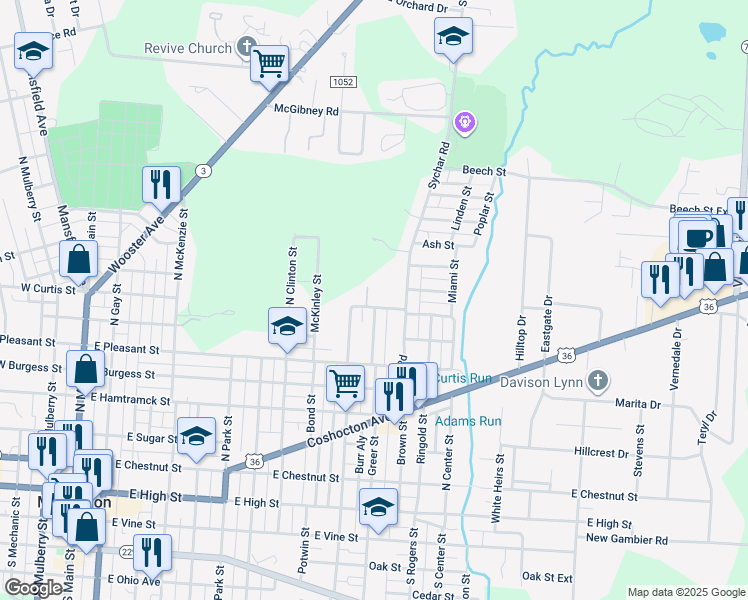 map of restaurants, bars, coffee shops, grocery stores, and more near 525 Boyle Street in Mount Vernon
