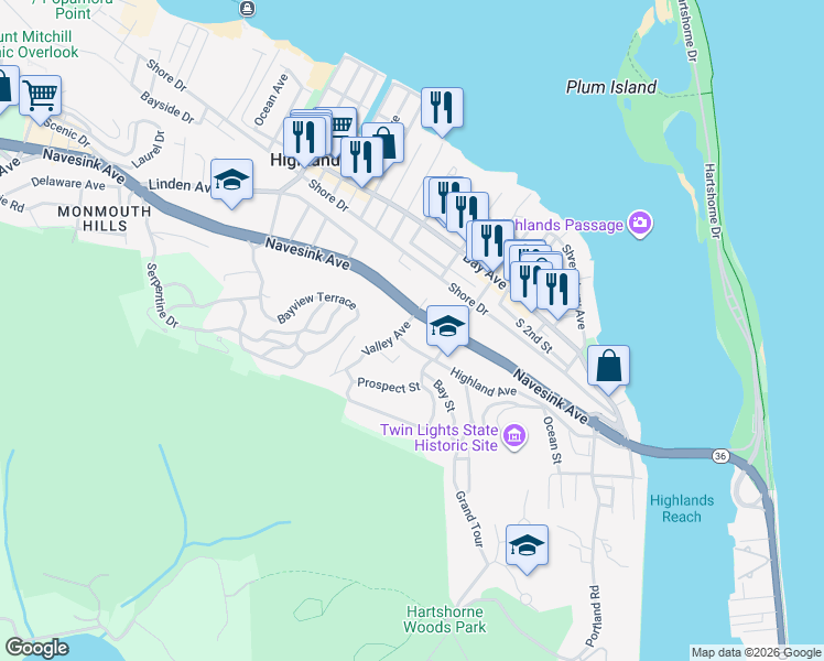 map of restaurants, bars, coffee shops, grocery stores, and more near 95 Valley Avenue in Highlands