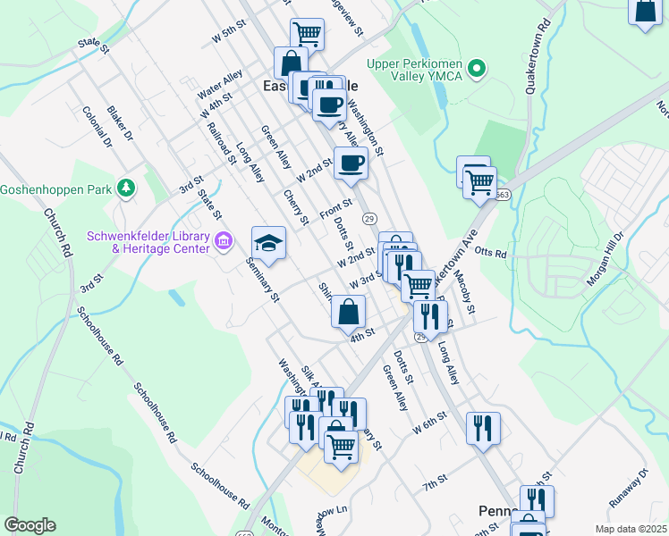 map of restaurants, bars, coffee shops, grocery stores, and more near 196 West 2nd Street in Pennsburg