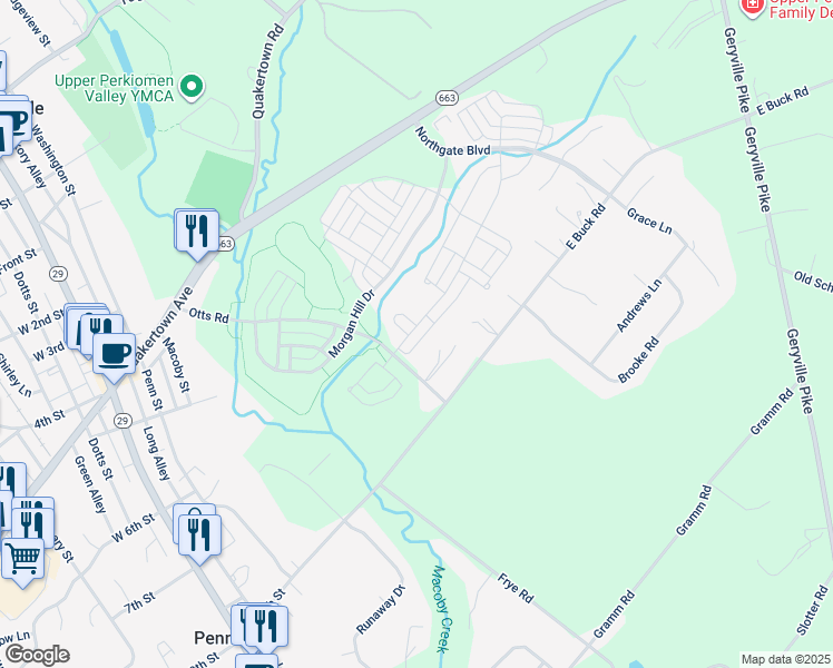map of restaurants, bars, coffee shops, grocery stores, and more near 2013 Sunnyvale Drive in Pennsburg