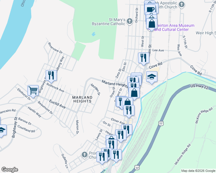 map of restaurants, bars, coffee shops, grocery stores, and more near 3625 Wood Street in Weirton