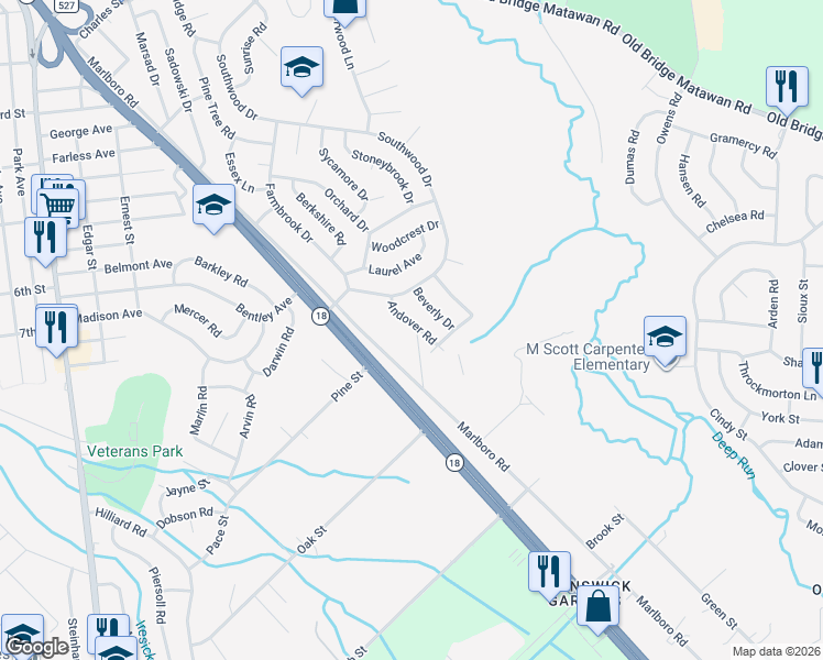 map of restaurants, bars, coffee shops, grocery stores, and more near 412 Marlboro Road in Old Bridge